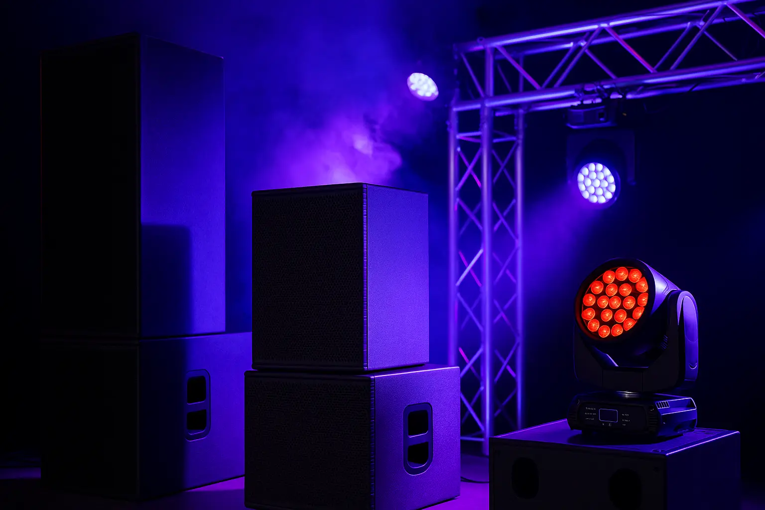 Equipo de audio profesional sobre escenario iluminado